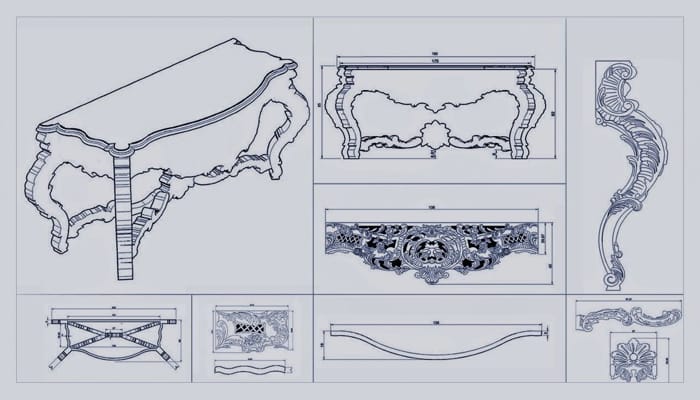 Custom Baroque wall table drawings and sketches