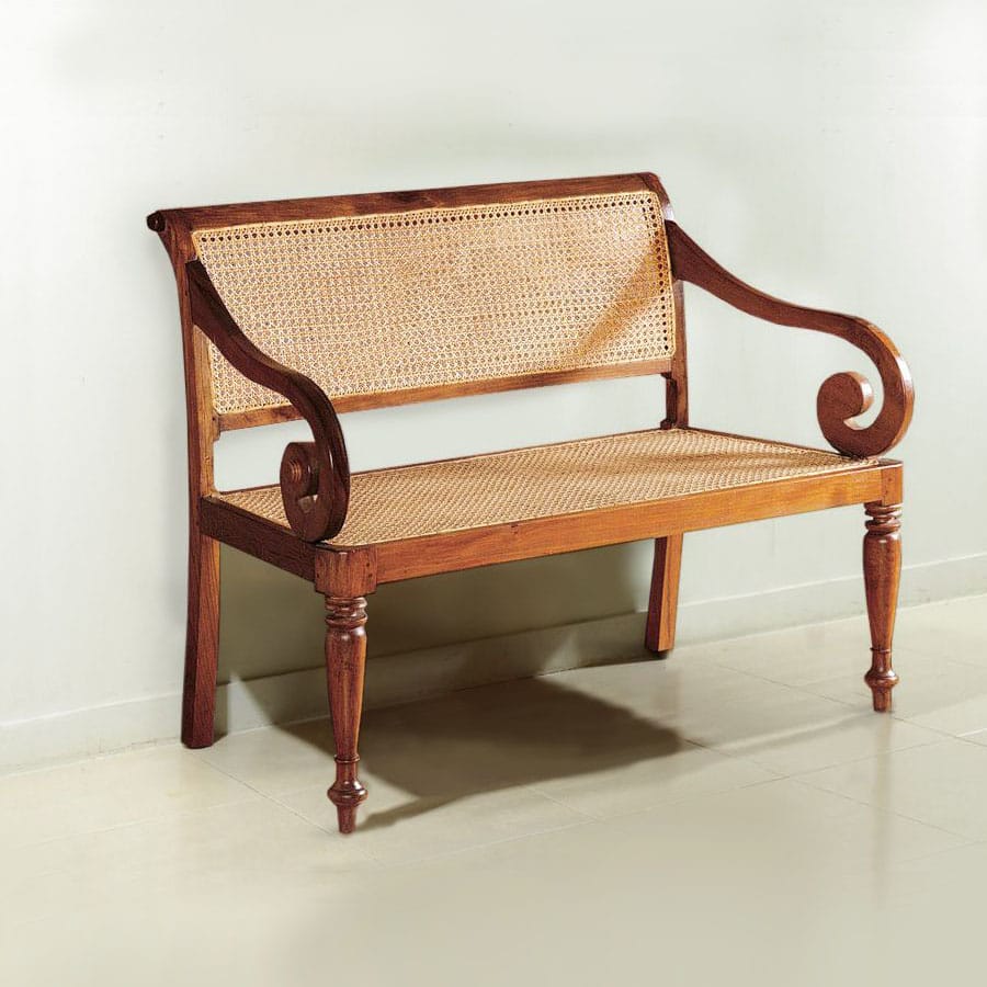 Teak rattan hall bench